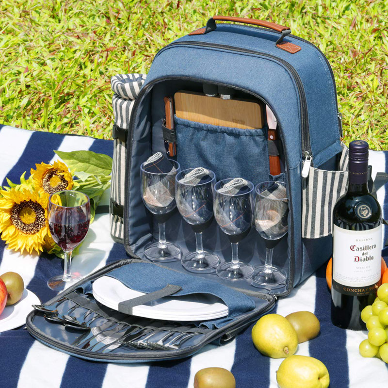 MERCURY CITY LLC Picnic Backpack For 4 Person With Blanket Picnic Basket Set For 2 With Insulated Cooler Wine Pouch For Family Couples Blue Stripe Wayfair